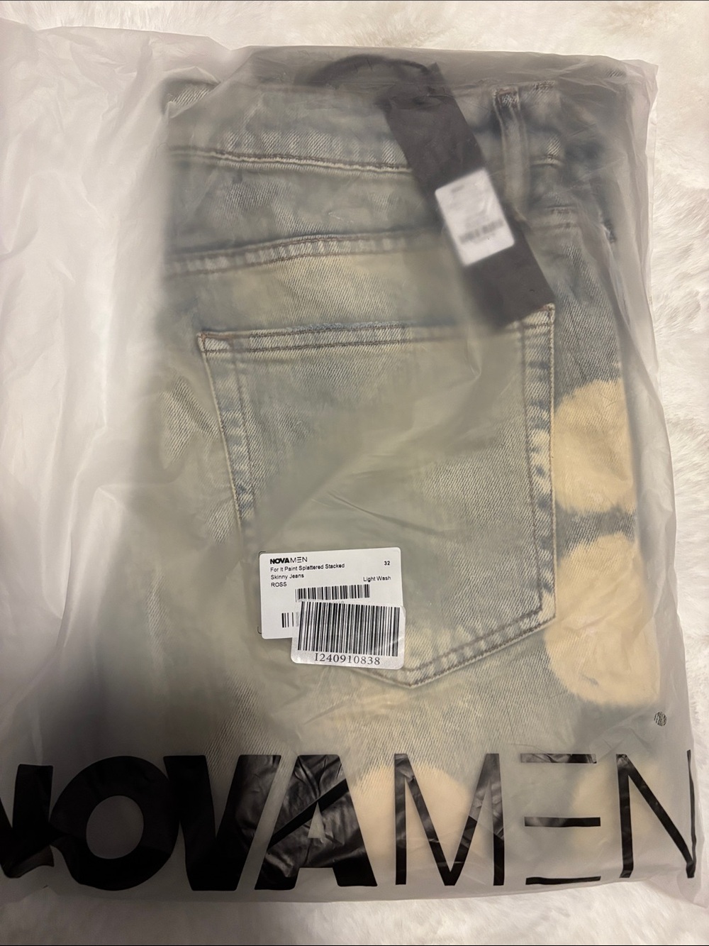 Fashion Nova Men’s Slim Straight Jeans in Light Blue with Beige Tie-Dye